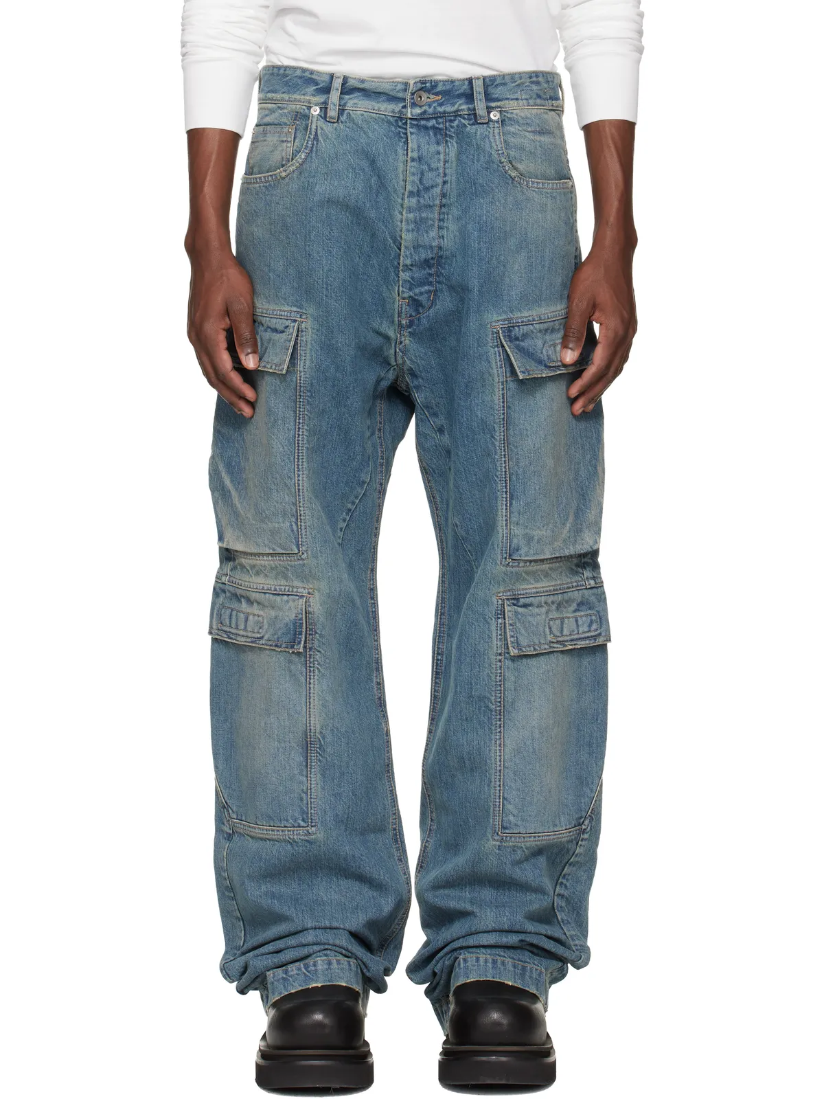 Rick Owens DRKSHDW ブルー Temple Double デニム カーゴパンツ - 画像1