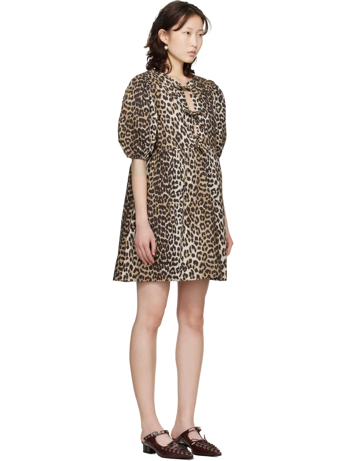 Ganni レオパード プリント Tie String コットン ミニワンピース - 画像2
