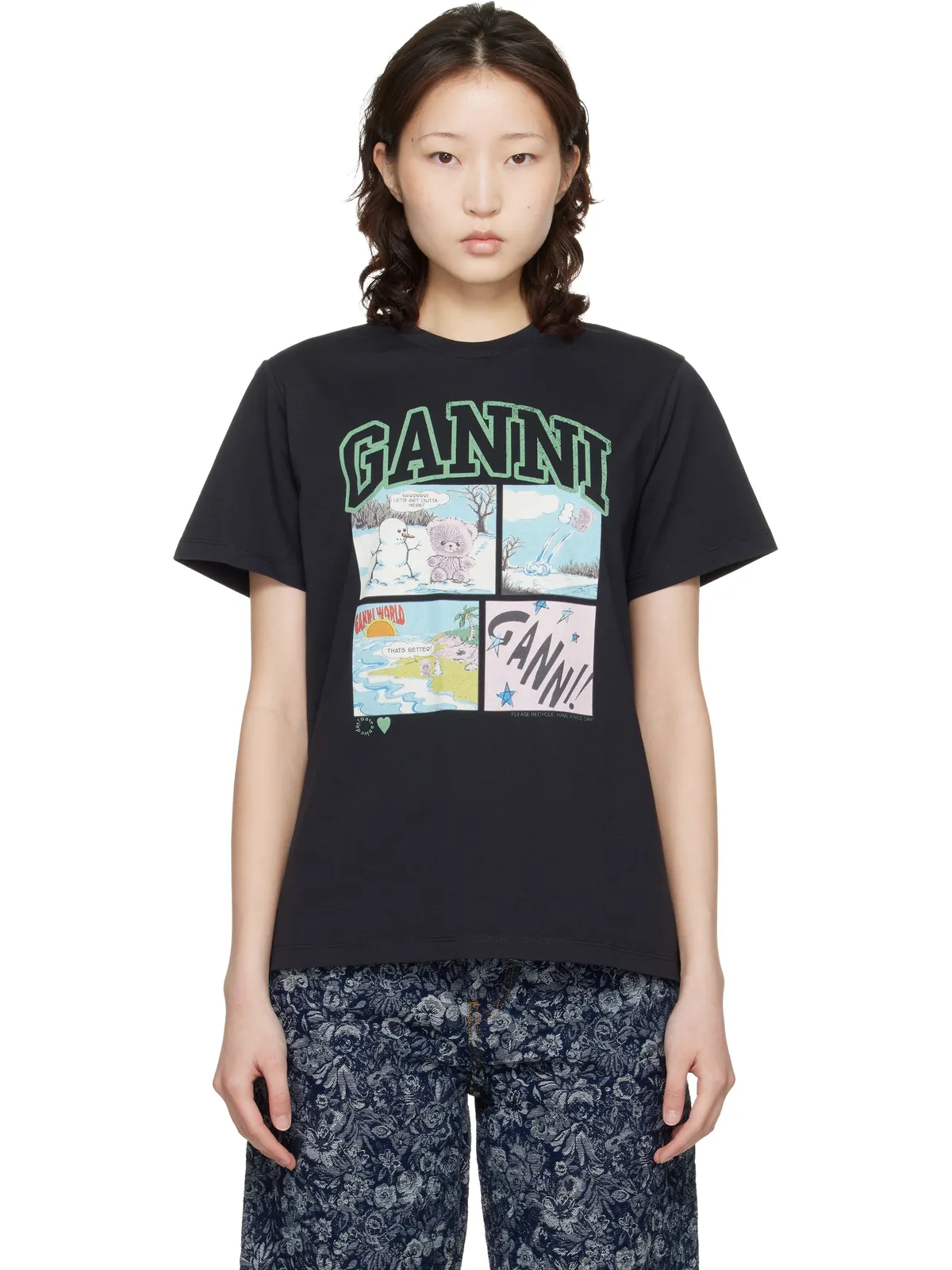 Ganni Basic Bear Comic Teddy コットンジャージ Tシャツ - 画像1