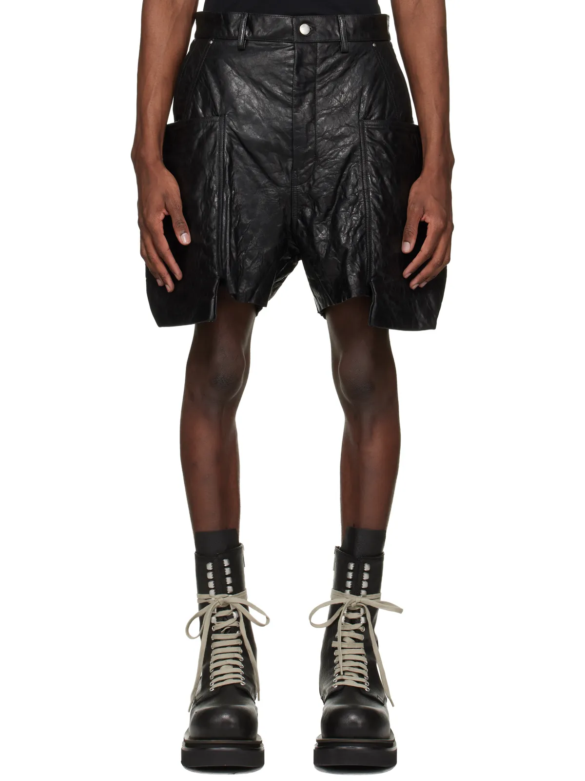Rick Owens Temple Stefan レザー カーゴショートパンツ - 画像1