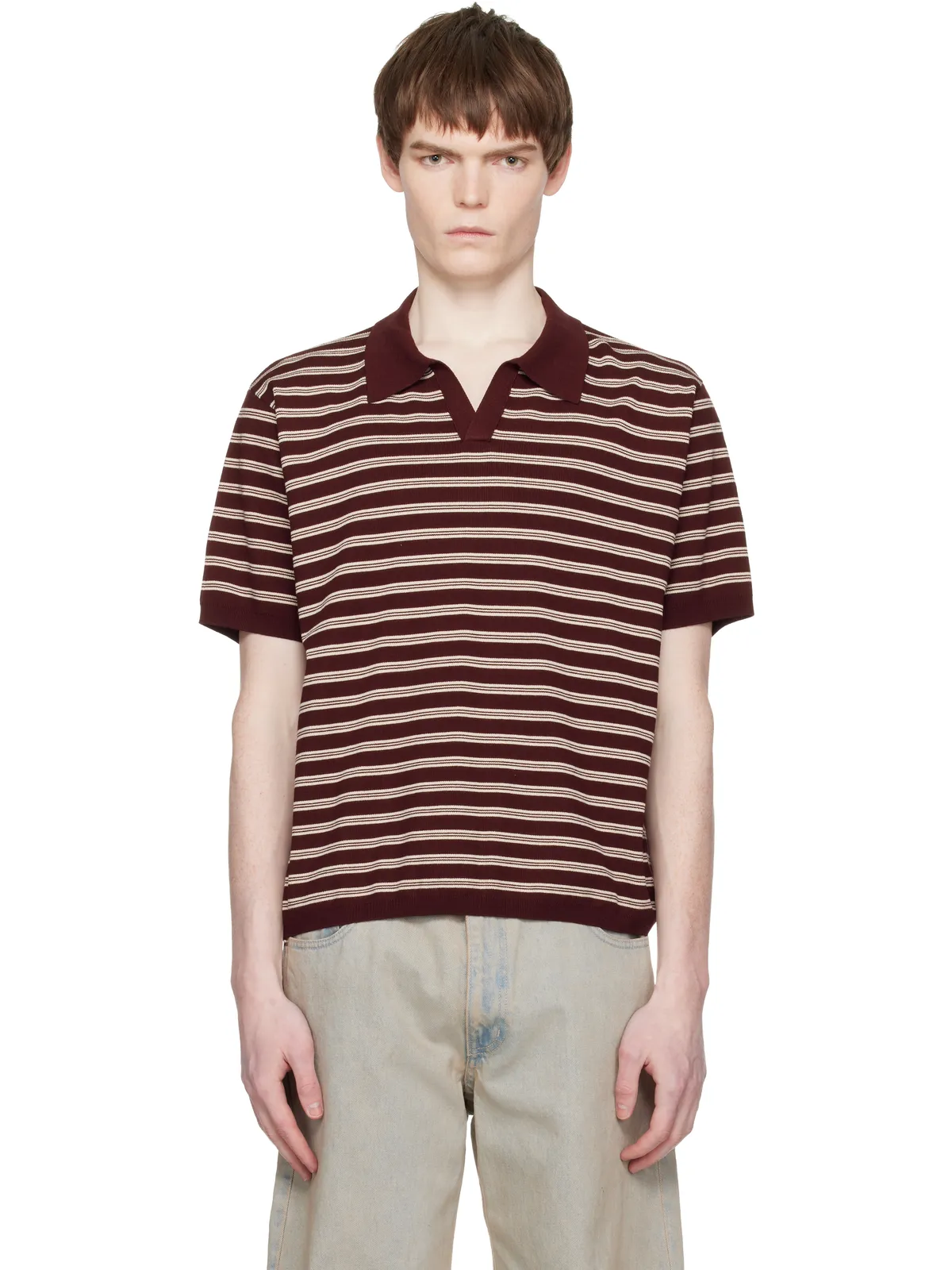 COOR Open-Collar ボーダー ニットポロシャツ - 画像1