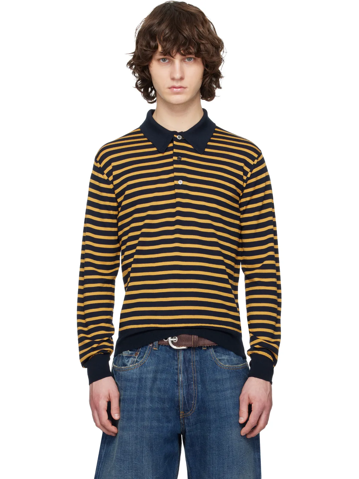 Junya Watanabe ウーステッド ウールジャージ ボーダー ポロシャツ - 画像1