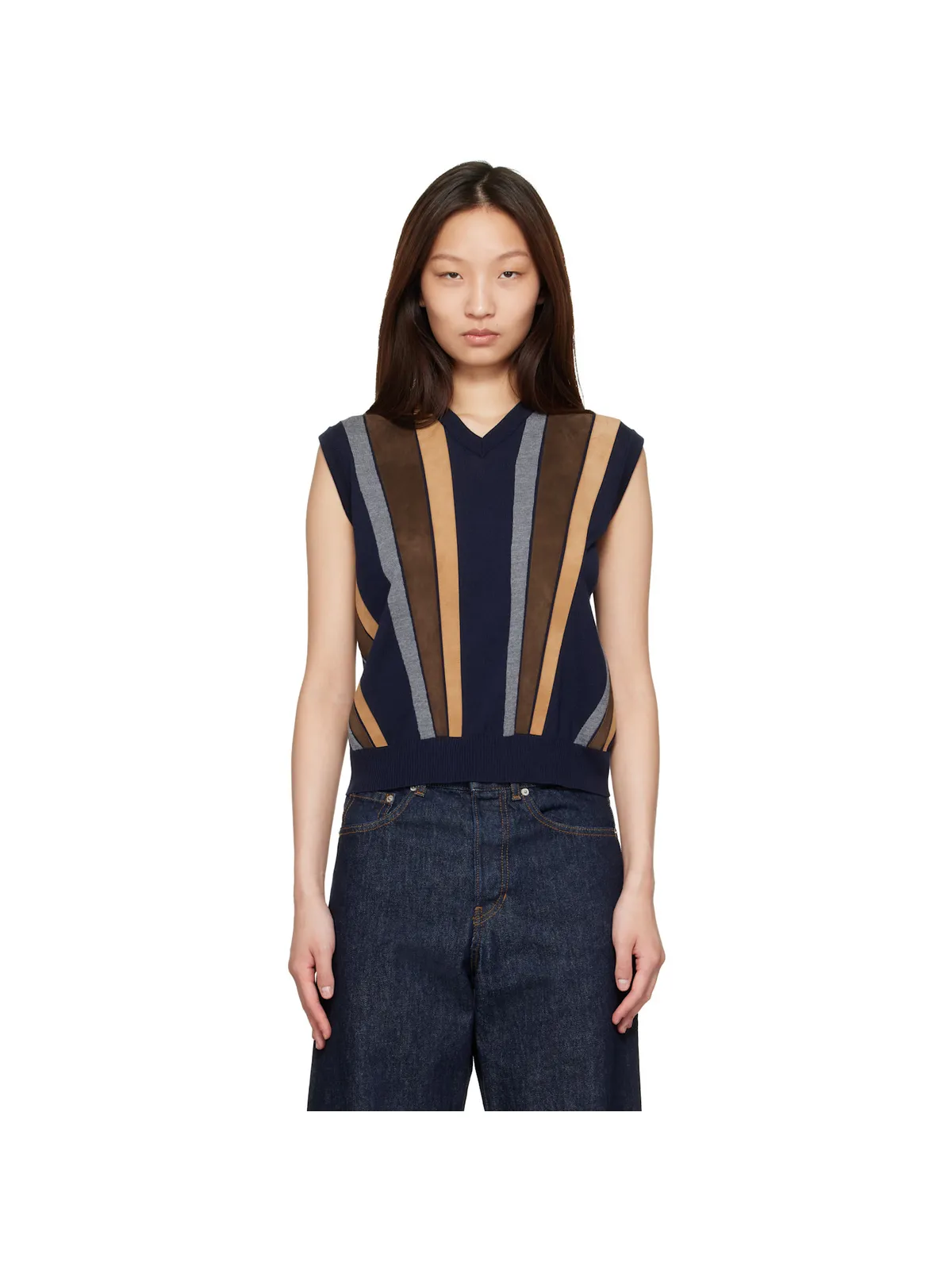 VERSACE Intarsia-Wool & Leather パッチワーク ベスト - 画像1