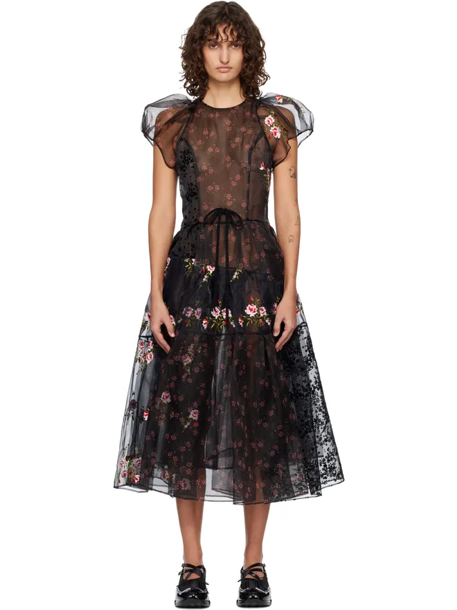 Simone Rocha Simone Rocha Flounce シアー パフスリーブ パッチワーク ミディアムワンピースの商品画像