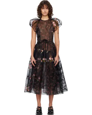 Simone Rocha Flounce シアー パフスリーブ パッチワーク ミディアムワンピース - サムネイル1