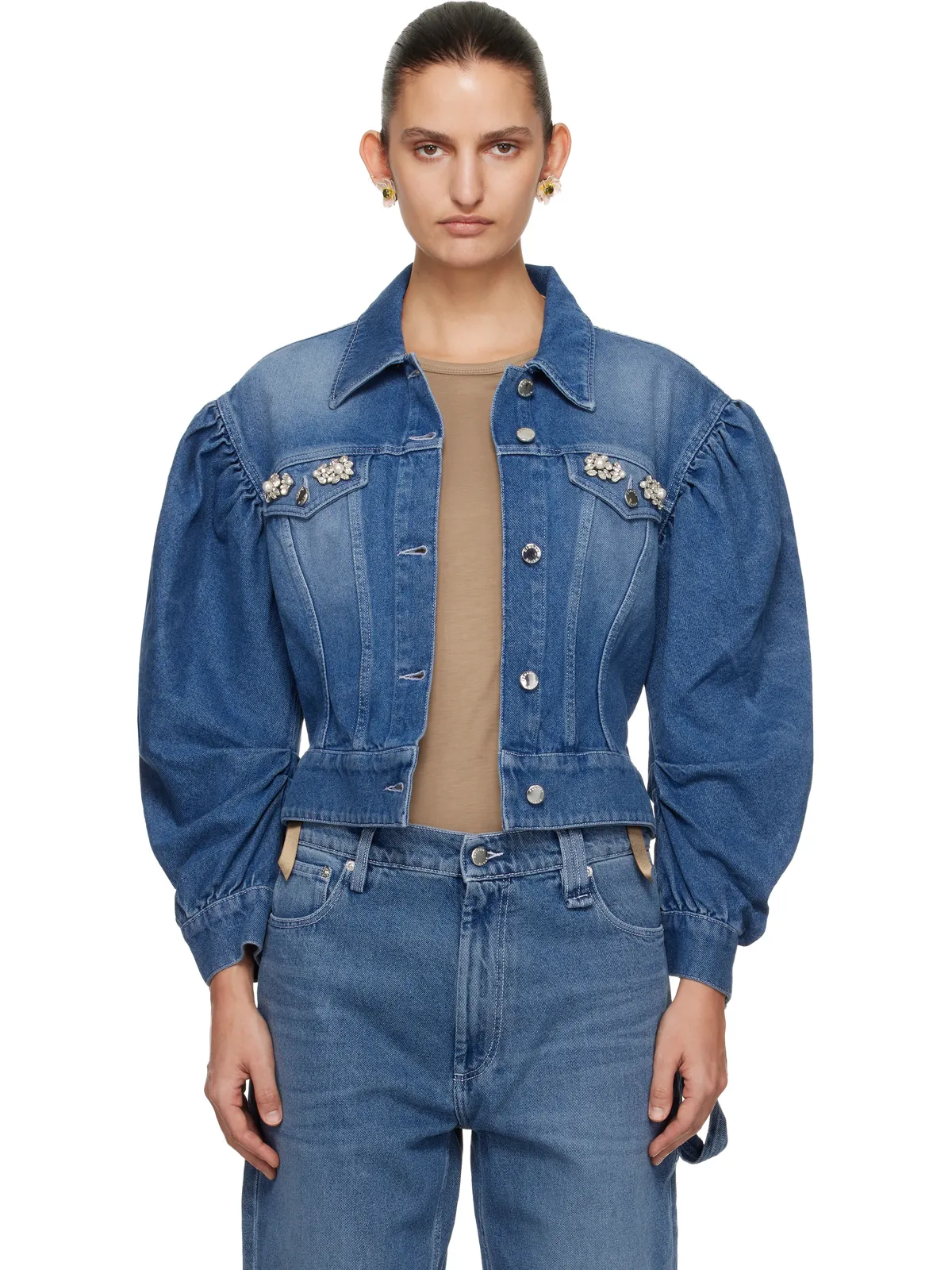 Simone Rocha Embellished Sculpted Draped Sleeve デニムジャケット - 画像1