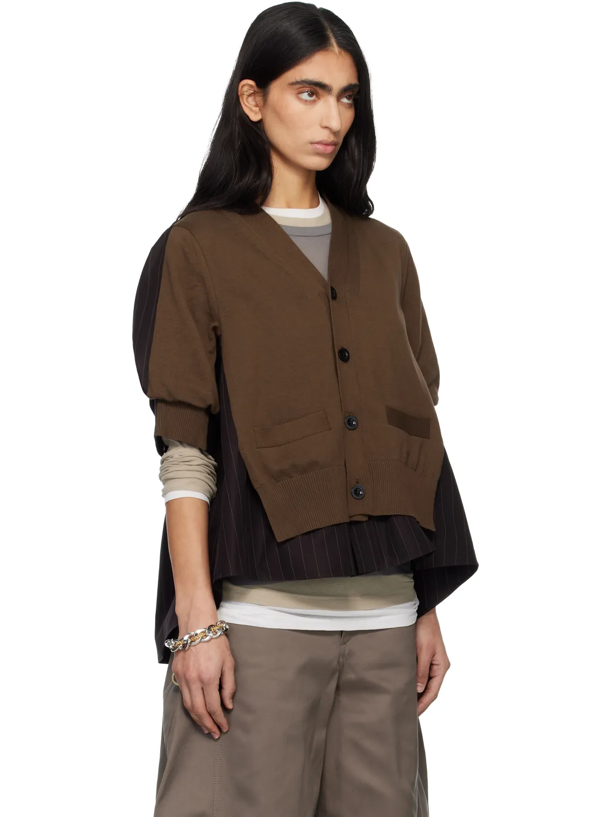 sacai チョークストライプ＆コットン ニットカーディガン - 画像2