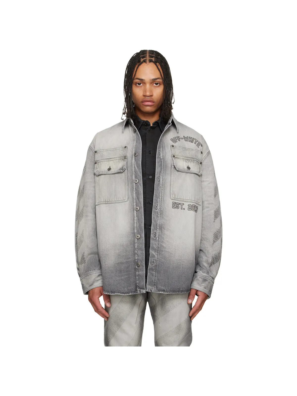 OFF-WHITE Diagonal Embroidered デニム ミリタリー オーバーシャツ - 画像1