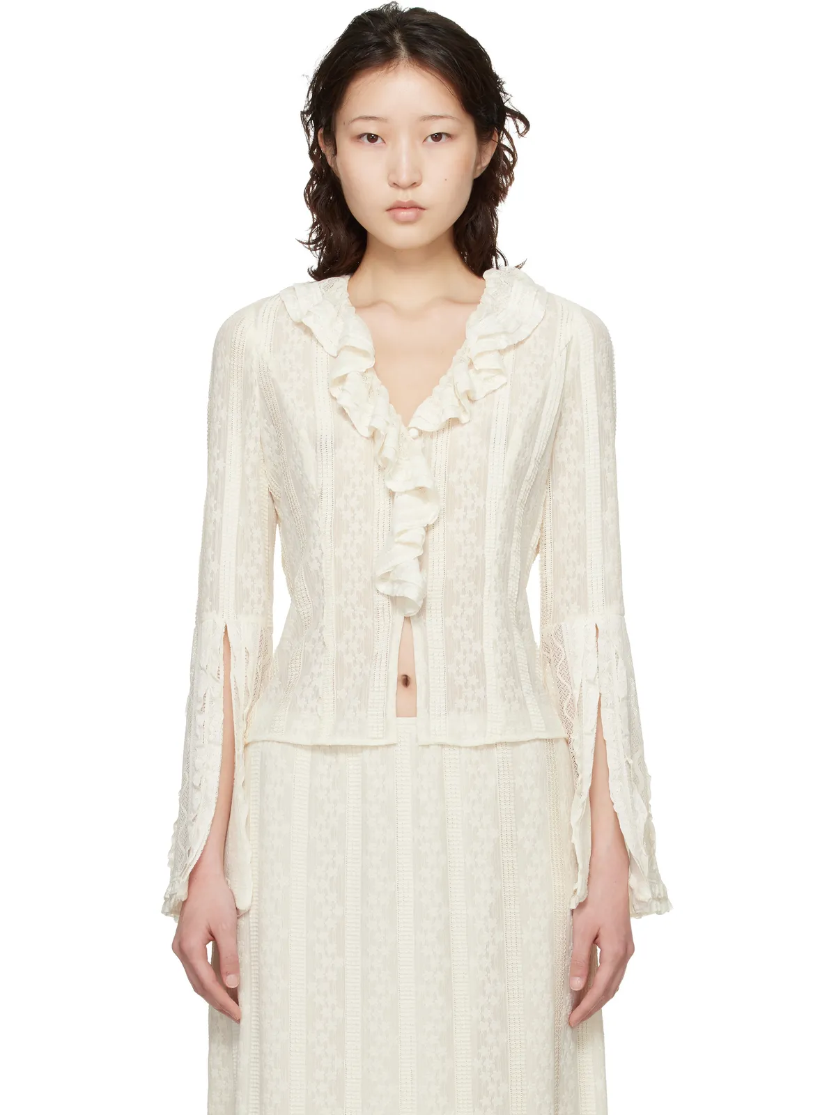 Anna Sui Floral ラッフル ストレッチ レースブラウス - 画像1
