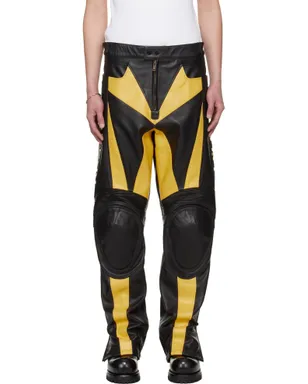 LU'U DAN BRUCE LEE x LỰU ĐẠN ブラック＆イエロー Moto Racing レザーパンツ - サムネイル1