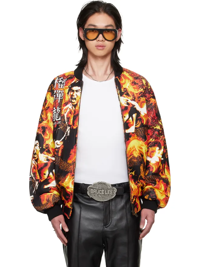 LU'U DAN LU'U DAN BRUCE LEE x LỰU ĐẠN オレンジ＆ブラック 'Bruce Lee' レザー ボンバージャケットの商品画像